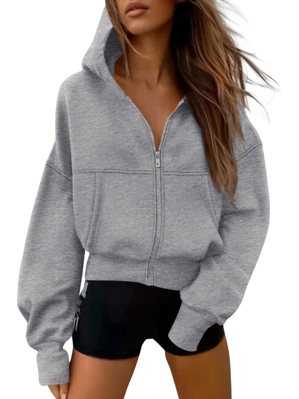 Women's Grey Long Sleeve Zip Up Hoodie Casual Fall Fleece Sweatshirt Jacket